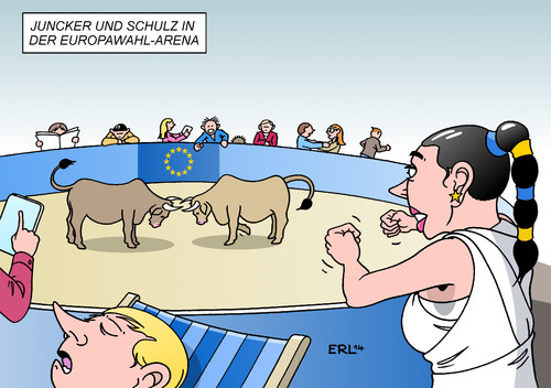 Cartoon: Wahl-Arena (medium) by Erl tagged europawahl,eu,europa,wahl,fernsehduell,kandidaten,jean,claude,juncker,martin,schulz,wahlarena,stier,stierkampf,konservative,sozialisten,interesse,europawahl,eu,europa,wahl,fernsehduell,kandidaten,jean,claude,juncker,martin,schulz,wahlarena,stier,stierkampf,konservative,sozialisten,interesse