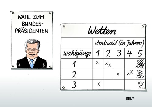 Cartoon: Wahl (medium) by Erl tagged wahl,bundespräsident,joachim,gauck,beate,klarsfeld,vorgänger,christian,wulff,horst,köhler,rücktritt,amtszeit,kurz,wahlgang,wahlgänge,wetten,wette,bundesversammlung,wahl,bundespräsident,joachim gauck,klarsfeld,wulff,köhler,rücktritt,joachim,gauck