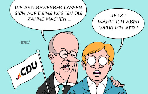 Cartoon: Wahlkampfhelfer (medium) by Erl tagged politik,cdu,vorsitzender,friedrich,merz,aussage,asylbewerber,ausnutzung,deutschland,gesundheitssystem,beitragszahler,falschaussage,parolen,afd,nutzen,wählerstimmen,rechtspopulismus,rechtsextremismus,wahlkampfhelfer,karikatur,erl,politik,cdu,vorsitzender,friedrich,merz,aussage,asylbewerber,ausnutzung,deutschland,gesundheitssystem,beitragszahler,falschaussage,parolen,afd,nutzen,wählerstimmen,rechtspopulismus,rechtsextremismus,wahlkampfhelfer,karikatur,erl