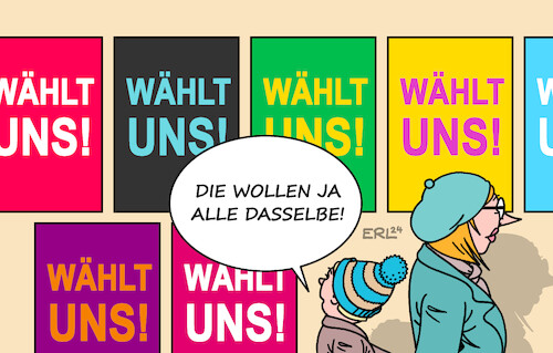 Cartoon: Wahlplakate II (medium) by Erl tagged politik,neuwahlen,wahlkampf,wahlplakate,spd,cdu,csu,grüne,fdp,afd,bsw,linke,mutter,kind,karikatur,erl,politik,neuwahlen,wahlkampf,wahlplakate,spd,cdu,csu,grüne,fdp,afd,bsw,linke,mutter,kind,karikatur,erl