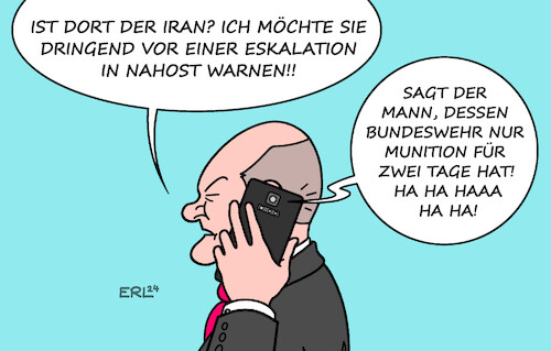 Cartoon: Warnung an den Iran (medium) by Erl tagged politik,nahost,konflikt,iran,israel,angriff,gegenangriff,gefahr,eskalation,pulverfass,bundeskanzler,olaf,scholz,botschaft,warnung,drohpotential,gering,bundeswehr,munition,zwei,tage,verteidigung,karikatur,erl,politik,nahost,konflikt,iran,israel,angriff,gegenangriff,gefahr,eskalation,pulverfass,bundeskanzler,olaf,scholz,botschaft,warnung,drohpotential,gering,bundeswehr,munition,zwei,tage,verteidigung,karikatur,erl