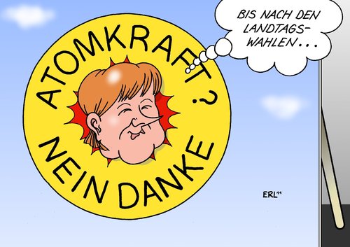 Cartoon: Wechsel (medium) by Erl tagged ausstieg,atomkraft,atomenergie,rücknahme,laufzeitverlängerung,atomkraftwerk,brücke,brückentechnologie,risiko,landtagswahl,landtagswahlen,schwarz,gelb,cdu,csu,fdp,merkel,westerwelle,seehofer,japan,erdbeben,tsunami,atomunfall,kernschmelze,gau,supergau,radioaktivität,brückentechnologie,technologie,angela merkel,japan,atom,atomkraft,reaktor,regierung,strom,zerstörung,menschen,tsunami,akw,fukushima,angela,merkel