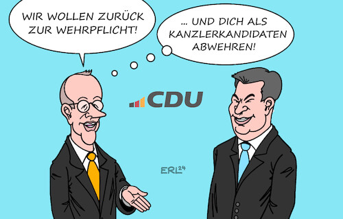 Cartoon: Wehrpflicht (medium) by Erl tagged politik,partei,cdu,parteitag,grundsatzprogramm,konservativ,vorsitzender,friedrich,merz,abkehr,merkel,rückkehr,atomkraft,wehrpflicht,abwehr,markus,söder,csu,kanzlerkandidat,frage,karikatur,erl,politik,partei,cdu,parteitag,grundsatzprogramm,konservativ,vorsitzender,friedrich,merz,abkehr,merkel,rückkehr,atomkraft,wehrpflicht,abwehr,markus,söder,csu,kanzlerkandidat,frage,karikatur,erl