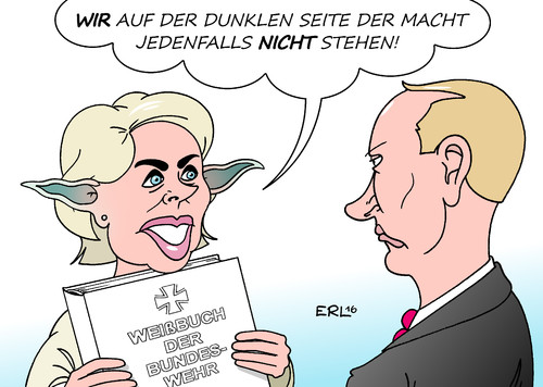 Cartoon: Weißbuch (medium) by Erl tagged weißbuch,bundeswehr,richtlinie,militär,politik,verteidigung,angriff,auslandseinsatz,global,rolle,nato,westen,russland,konfrontation,dialog,star,wars,dunkel,macht,yoda,von,der,leyen,putin,karikatur,erl,weißbuch,bundeswehr,richtlinie,militär,politik,verteidigung,angriff,auslandseinsatz,global,rolle,nato,westen,russland,konfrontation,dialog,star,wars,dunkel,macht,yoda,von,der,leyen,putin,karikatur,erl