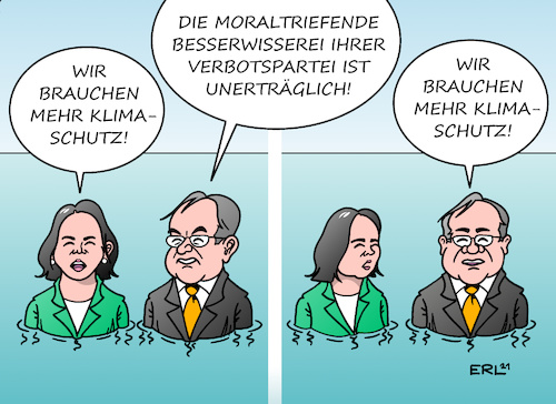 Cartoon: Wenn zwei das Gleiche sagen ... (medium) by Erl tagged politik,wahl,2021,bundestagswahl,klimaschutz,halbherzig,union,cdu,kanzlerkandidat,armin,laschet,hochwasser,wasser,starkregen,extremwetter,nordrhein,westfalen,nrw,rheinland,pfalz,bayern,bewusstsein,gefahr,mahnung,bündnis,90,die,grünen,grüne,kanzlerkandidatin,annalena,baerbock,thema,kernthema,vorwurf,besserwisserei,moral,verbotspartei,karikatur,erl,politik,wahl,2021,bundestagswahl,klimaschutz,halbherzig,union,cdu,kanzlerkandidat,armin,laschet,hochwasser,wasser,starkregen,extremwetter,nordrhein,westfalen,nrw,rheinland,pfalz,bayern,bewusstsein,gefahr,mahnung,bündnis,90,die,grünen,grüne,kanzlerkandidatin,annalena,baerbock,thema,kernthema,vorwurf,besserwisserei,moral,verbotspartei,karikatur,erl