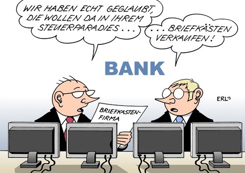 Cartoon: Wer s glaubt (medium) by Erl tagged beihilfe,steuerhinterziehung,briefkastenfirma,steueroase,bank,deutsche,kriminalität,schwarzgeld,steueroase,briefkastenfirma