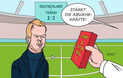 Cartoon: Werbung für den Fußball (medium) by Erl tagged politik,sport,fußball,länderspiel,testspiel,deutschland,türkei,niederlage,schwäche,abwehr,immunsystem,stärkung,medizin,zink,vitamin,werbung,bundestrainer,julian,nagelsmann,karikatur,erl,politik,sport,fußball,länderspiel,testspiel,deutschland,türkei,niederlage,schwäche,abwehr,immunsystem,stärkung,medizin,zink,vitamin,werbung,bundestrainer,julian,nagelsmann,karikatur,erl