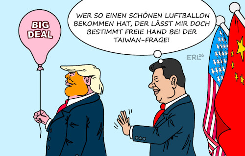 Cartoon: Win-Win-Situation (medium) by Erl tagged politik,usa,trump,besuch,china,xi,big,deal,handel,geschäfte,luftballon,taiwan,einnahme,karikatur,erl,win,politik,usa,trump,besuch,china,xi,big,deal,handel,geschäfte,luftballon,taiwan,einnahme,karikatur,erl