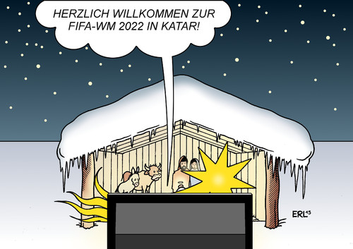 Cartoon: Winter-WM (medium) by Erl tagged fußball,weltmeisterschaft,wm,2022,katar,wüste,hitze,austragung,fifa,winter,geld,sport,korruption,gier,termin,problem,weihnachten,krippe,betlehem,jesus,maria,josef,ochse,esel,stern,stall,karikatur,erl,fußball,weltmeisterschaft,wm,2022,katar,wüste,hitze,austragung,fifa,winter,geld,sport,korruption,gier,termin,problem,weihnachten,krippe,betlehem,jesus,maria,josef,ochse,esel,stern,stall