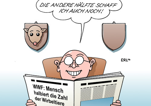 Cartoon: Wirbeltiere (medium) by Erl tagged wwf,naturschutz,organisation,bericht,wirbeltiere,zahl,halbiert,ausrottung,mensch,erde,tiere,pflanzen,fauna,flora,raubbau,jäger,ökologie,wwf,naturschutz,organisation,bericht,wirbeltiere,zahl,halbiert,ausrottung,mensch,erde,tiere,pflanzen,fauna,flora,raubbau,jäger,ökologie