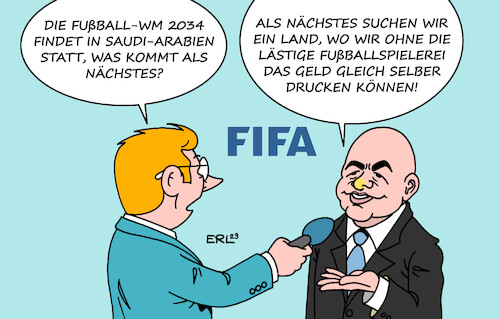 Cartoon: WM in Saudi-Arabien (medium) by Erl tagged politik,sport,fußball,weltmeisterschaft,wm,2034,saudi,arabien,fifa,gianni,infantino,geldgier,geld,gewinn,gelddrucken,kommerz,spiel,nebensache,karikatur,erl,politik,sport,fußball,weltmeisterschaft,wm,2034,saudi,arabien,fifa,gianni,infantino,geldgier,geld,gewinn,gelddrucken,kommerz,spiel,nebensache,karikatur,erl