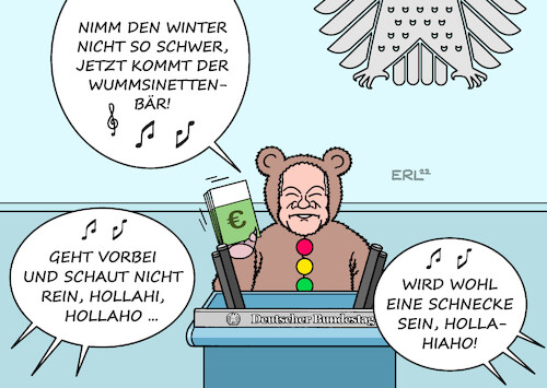 Cartoon: Wo man singt ... (medium) by Erl tagged politik,bundeskanzler,olaf,scholz,spd,ampel,rede,bundestag,krieg,russland,ukraine,gas,knappheit,verteuerung,entlastungspaket,wumms,doppelwumms,kritik,opposition,hilfe,zu,spät,lied,horch,was,kommt,von,draußen,rein,werbung,hustinettenbär,bär,schnecke,winter,karikatur,erl,politik,bundeskanzler,olaf,scholz,spd,ampel,rede,bundestag,krieg,russland,ukraine,gas,knappheit,verteuerung,entlastungspaket,wumms,doppelwumms,kritik,opposition,hilfe,zu,spät,lied,horch,was,kommt,von,draußen,rein,werbung,hustinettenbär,bär,schnecke,winter,karikatur,erl