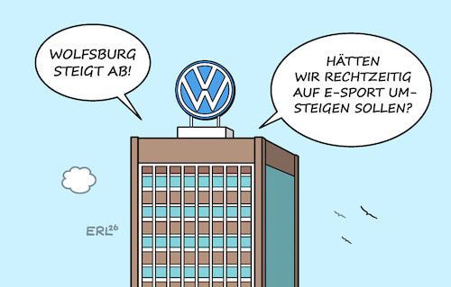 Cartoon: Wolfsburg (medium) by Erl tagged politik,sport,fußball,bundesliga,relegation,abstieg,vfl,wolfsburg,sponsor,vw,volkswagen,auto,verbrenner,umstieg,elektroauto,karikatur,erl,politik,sport,fußball,bundesliga,relegation,abstieg,vfl,wolfsburg,sponsor,vw,volkswagen,auto,verbrenner,umstieg,elektroauto,karikatur,erl