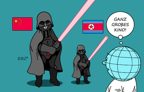 Cartoon: Xi und Kim (medium) by Erl tagged politik,china,xi,besuch,nordkorea,kim,darth,vader,kino,erde,karikatur,erl,politik,china,xi,besuch,nordkorea,kim,darth,vader,kino,erde,karikatur,erl