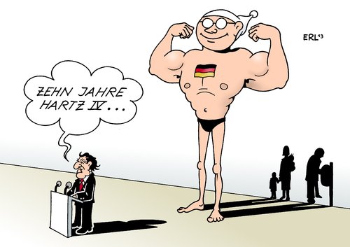 Cartoon: Zehn Jahre Hartz IV (medium) by Erl tagged iv,hartz,jahre,zehn,altkanzler,gerhard,schröder,spd,rot,grün,wirtschaft,stark,sozial,schwach,armut,schattenseite,zehn,jahre,hartz,iv