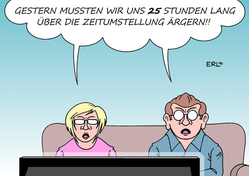 Cartoon: Zeitumstellung (medium) by Erl tagged zeitumstellung,sommerzeit,winterzeit,uhr,zurück,stunde,mehr,zeit,aufregen,ärgern,biorhythmus,energie,helligkeit,dunkelheit,karikatur,erl,zeitumstellung,sommerzeit,winterzeit,uhr,zurück,stunde,mehr,zeit,aufregen,ärgern,biorhythmus,energie,helligkeit,dunkelheit,karikatur,erl