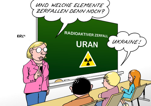 Cartoon: Zerfall (medium) by Erl tagged ukraine,zerfall,russland,annexion,krim,ostukraine,unruhen,schule,klasse,unterricht,radioaktivität,radioaktiv,element,uran,schüler,kind,ukraine,zerfall,russland,annexion,krim,ostukraine,unruhen,schule,klasse,unterricht,radioaktivität,radioaktiv,element,uran,schüler,kind