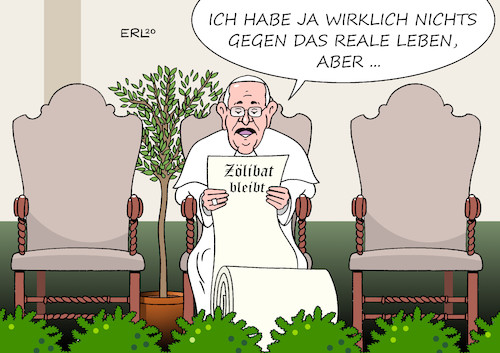 Cartoon: Zölibat (medium) by Erl tagged politik,religion,glaube,kirche,katholisch,vatikan,papst,franziskus,reformer,modern,konservativ,festhalten,zölibat,ehelosigkeit,ehe,priester,leben,realität,karikatur,erl,politik,religion,glaube,kirche,katholisch,vatikan,papst,franziskus,reformer,modern,konservativ,festhalten,zölibat,ehelosigkeit,ehe,priester,leben,realität,karikatur,erl