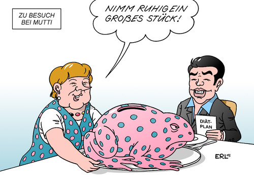 Cartoon: Zu Besuch bei Mutti (medium) by Erl tagged griechenland,ministerpräsident,alexis,tsipras,besuch,deutschland,bundeskanzlerin,angela,merkel,eu,ezb,iwf,troika,sparkurs,reformen,bedingung,hilfe,kredite,kröte,schlucken,reformliste,diätplan,mutti,essen,stück,groß,karikatur,erl,griechenland,ministerpräsident,alexis,tsipras,besuch,deutschland,bundeskanzlerin,angela,merkel,eu,ezb,iwf,troika,sparkurs,reformen,bedingung,hilfe,kredite,kröte,schlucken,reformliste,diätplan,mutti,essen,stück,groß