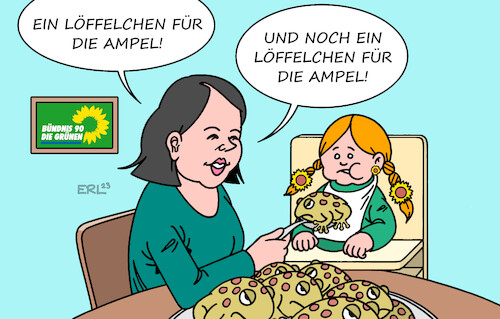 Cartoon: Zumutungen (medium) by Erl tagged politik,partei,bündnis90,die,grünen,parteitag,diskussion,unzufriedenheit,basis,kompromisse,regierungspartei,bundesregierung,ampel,spd,grüne,fdp,asylkompromiss,eu,außenministerin,annalena,baerbock,zumutungen,kröten,schlucken,füttern,kind,löffelchen,karikatur,erl,politik,partei,bündnis90,die,grünen,parteitag,diskussion,unzufriedenheit,basis,kompromisse,regierungspartei,bundesregierung,ampel,spd,grüne,fdp,asylkompromiss,eu,außenministerin,annalena,baerbock,zumutungen,kröten,schlucken,füttern,kind,löffelchen,karikatur,erl