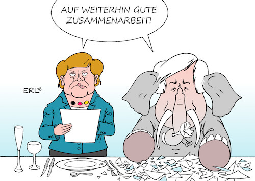 Cartoon: Zusammenarbeit (medium) by Erl tagged illustration,politik,deutschland,streit,flüchtlingspolitik,asylmasterplan,innenminister,horst,seehofer,csu,flüchtlinge,grenze,zurückweisung,national,alleingang,bundeskanzlerin,merkel,cdu,eu,recht,europa,treffen,gipfel,krisensitzung,drohung,rücktritt,verwirrung,kompromiss,porzellan,zerschlagen,zusammenarbeit,groko,spd,andrea,nahles,karikatur,erl,illustration,politik,deutschland,streit,flüchtlingspolitik,asylmasterplan,innenminister,horst,seehofer,csu,flüchtlinge,grenze,zurückweisung,national,alleingang,bundeskanzlerin,merkel,cdu,eu,recht,europa,treffen,gipfel,krisensitzung,drohung,rücktritt,verwirrung,kompromiss,porzellan,zerschlagen,zusammenarbeit,groko,spd,andrea,nahles,karikatur,erl