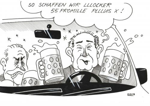 Cartoon: Zwei Maß (medium) by Erl tagged günther beckstein,bierzelt,bier,alkohol,politiker,wahlkampf,wahlen,wählen,csu,fahrtüchtigkeit,fahren,auto,trinken,bewusstsein,wahrnehmung,kultur,oktoberfest,bayern,autofahrer,promillegrenze,promille,grenze,gesetz,betrunken,besoffen,verkehr,sicherheit,maß,günther,beckstein,landtagswahl,wahl,fahrtauglichkeit,erwin huber,erwin,huber