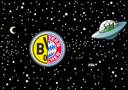 Cartoon: Zwei Welten (medium) by Erl tagged ufo,außerirdische,fußball,welt,erde,dortmund,borussia,münchen,bayern,london,finale,league,champions,champions,league,finale,london,bayern,münchen,borussia,dortmund,erde,welt,fußball,außerirdische,ufo