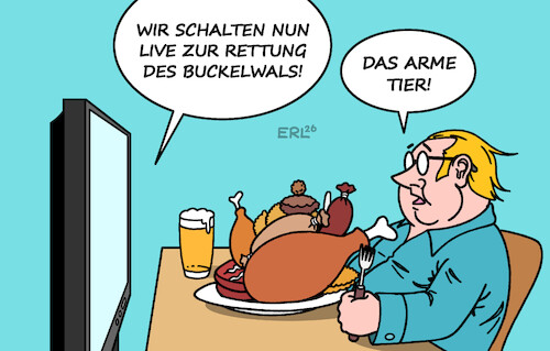 Cartoon: Zweierlei Maß (medium) by Erl tagged politik,biologie,tier,wal,buckelwal,ostsee,rettung,medien,essen,fleischkonsum,tierhaltung,schlachthof,ethik,moral,karikatur,erl,politik,biologie,tier,wal,buckelwal,ostsee,rettung,medien,essen,fleischkonsum,tierhaltung,schlachthof,ethik,moral,karikatur,erl
