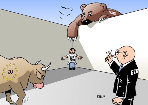 Cartoon: Zypern (medium) by Erl tagged zypern,pleite,eu,euro,schulden,ezb,russland,hilfe,bedingungen,beteiligung,ablehnung,ecke,drängen,stier,bär,zypern,pleite,eu,euro,schulden,ezb,russland,hilfe,bedingungen,beteiligung,ablehnung,ecke,drängen,stier,bär