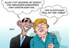 Cartoon: Merkel Obama (small) by Erl tagged usa,präsident,obama,besuch,deutschland,bundeskanzlerin,angela,merkel,freihandelsabkommen,ttip,widerstand,gegner,demonstration,flüchtlinge,abkommen,deal,türkei,abhängigkeit,karikatur,erl