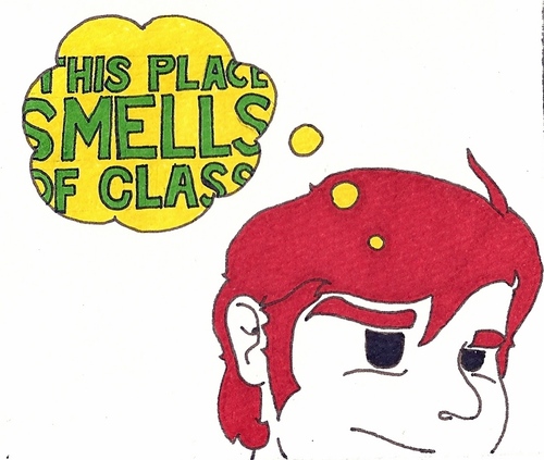 Cartoon: This Place Smells of Class (medium) by robobenito tagged this,place,smells,like,class,head,red,hair,redhead,man,face,nose,eyes,bubble,comment,odor,wondering,thinking,thought,bourgeois,comic,sideburns,macho