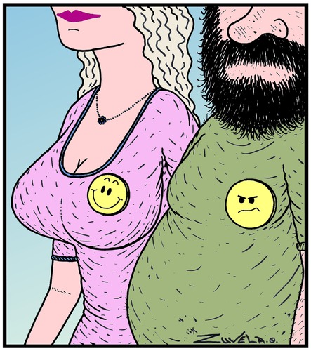 Cartoon: A not-so-happy Smiley Face (medium) by Tony Zuvela tagged large,chest,happy,so,not,face,smiley,looking,good,smile,badge,envy,woman,breasted,ugly,novelty,gift