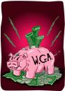 Cartoon: Writers Guild of America Piggy (small) by John Bent tagged corruption,writers,hollywood,film,greed,piggy,bank,
