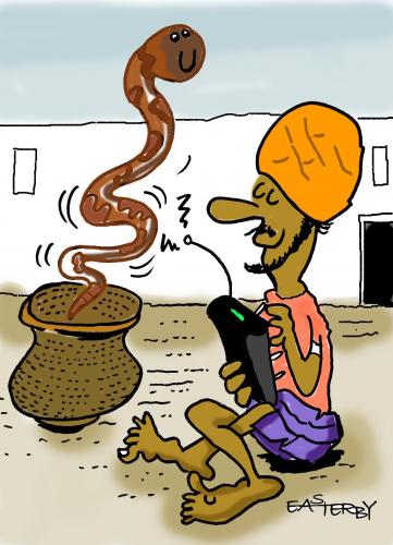 Cartoon: SNAKE ON REMOTE (medium) by EASTERBY tagged snakecharmer,india,