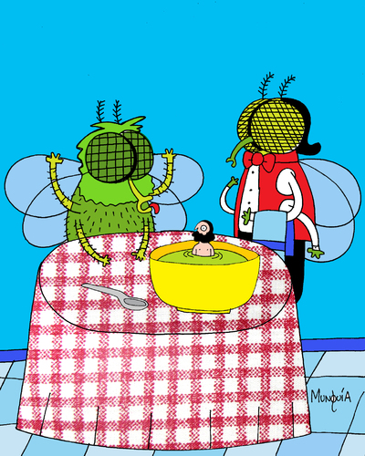 Cartoon: A man in the soup (medium) by Munguia tagged fly,soup,restaurant,man,meal,lunch,bugs