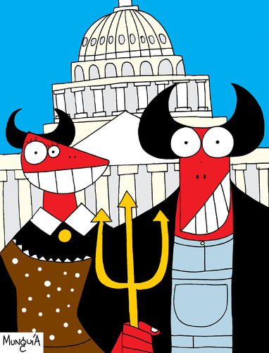 Cartoon: American Gothic (medium) by Munguia tagged american,gothic,grand,wood,munguia,costa,rica,evil,devil,satan,satanic