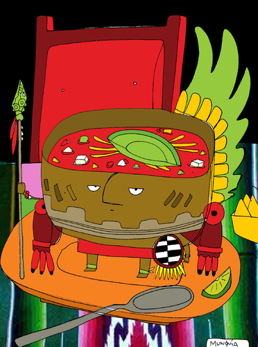 Cartoon: Aztec Soup (medium) by Munguia tagged aztec,soup,munguia,costa,rica,sopa,azteca,mexican,mexicano,mexico,food,comida,tipico,aguacate,tomate,rico,sabor,sabroso,humor,grafico,caricatura,chiste