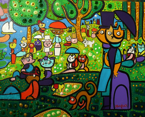 Cartoon: Cats on sunday afternoon (medium) by Munguia tagged sunday,afternoon,on,the,island,of,la,grande,jatte,george,seurat,cartoon,parody,famous,paintings,cats,pussy,gatos,domingo,por,tarde,puntillismo,spoof,iconic