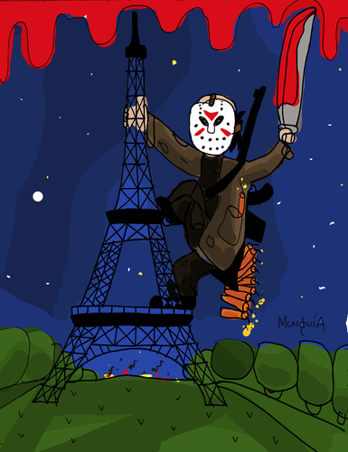 Cartoon: Friday the 13th in Paris (medium) by Munguia tagged terrorism,jason,eiffer,towel,france,paris,terrorist,horror,viernes,13,en,munguia,costa,rica