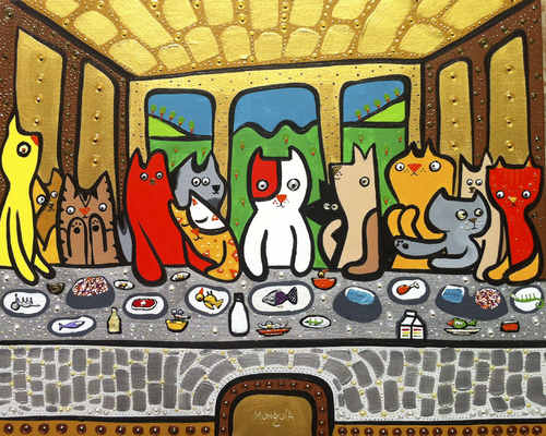 Cartoon: kittten diner (medium) by Munguia tagged cats,kitty,pussy,last,supper,da,vinci,leonardo,food,animals
