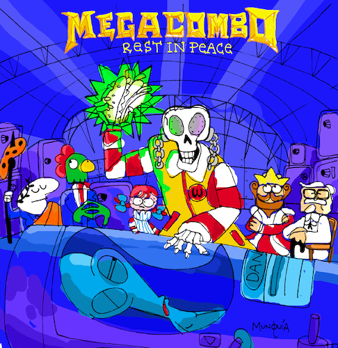 Cartoon: MegaCombo (medium) by Munguia tagged megadeath,rust,in,peace,vic,macdonalds,burger,king,kentucky,wendys,kellogs,pizza,cesar,ronald,alien,roger,american,dad,fast,food,death