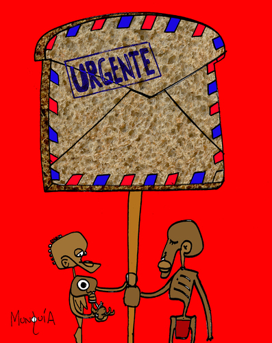 Cartoon: Pan Carta - Urgent! (medium) by Munguia tagged bread,pan,carta,letter,mail,banner,hunger,hungry,thin,starving,air,urgent,africa,3rd,world,tercer,mundo,poverty