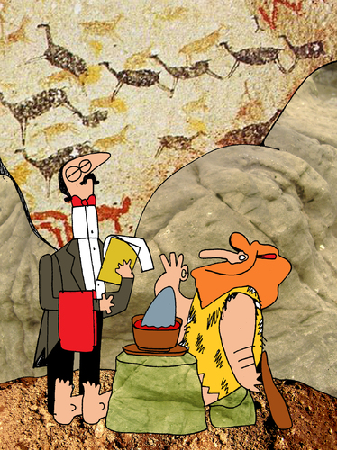 Cartoon: shark soup for cavemen (medium) by Munguia tagged shark,soup,caveman,cavemen,waitress,jaws,primitive,stone,age