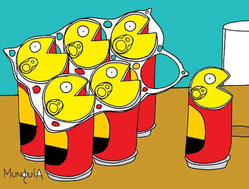 Cartoon: Six Pack Man (medium) by Munguia tagged pac,man,video,games,arcade,beer,can,six,pack,alcohol,atari