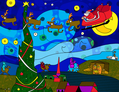Cartoon: Starry Night (medium) by Munguia tagged van,gogh,starry,night,christmas,santa,nite,hollyday,munguia,parody,famous,paintings,parodies,three,xmas