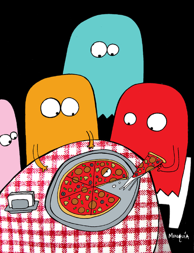 Cartoon: they eat pac man (medium) by Munguia tagged pizzapitch,pizza,food,slice,pac,man,ghost,atari,videogame,80,restaurant