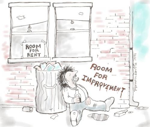 Cartoon: Room for Improvement (medium) by mdouble tagged cartoon,funny,humor,joke,gag,drunk,graffiti,drinking,improvment,comment,man,smashed,alcohol,alcoholic,alley,lifestyle,booze,boozer,boozing,passed,out,plastered,unconscious