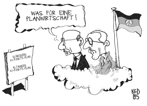 Cartoon: 10-Punkte-Plan (medium) by Kostas Koufogiorgos tagged 10,punkte,plan,honecker,ulbricht,ddr,planwirtschaft,sozialismus,schröder,altmaier,karikatur,kostas,koufogiorgos,honecker,ddr,planwirtschaft,sozialismus,altmaier,schröder