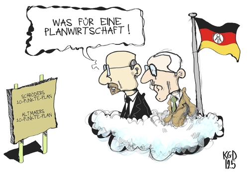 Cartoon: 10-Punkte-Plan (medium) by Kostas Koufogiorgos tagged 10,punkte,plan,honecker,ulbricht,ddr,planwirtschaft,sozialismus,schröder,altmaier,karikatur,kostas,koufogiorgos,honecker,ddr,planwirtschaft,sozialismus,altmaier,schröder