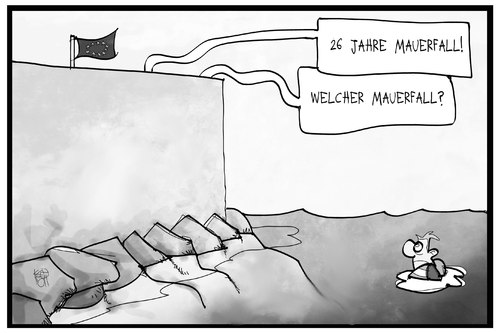 Cartoon: 26 Jahre Mauerfall (medium) by Kostas Koufogiorgos tagged karikatur,koufogiorgos,illustration,cartoon,mauerfall,november,flüchtlingskrise,mauer,eu,europa,wasser,meer,ertrinken,mittelmeer,geschichte,ddr,berlin,karikatur,koufogiorgos,illustration,cartoon,mauerfall,november,flüchtlingskrise,mauer,eu,europa,wasser,meer,ertrinken,mittelmeer,geschichte,ddr,berlin